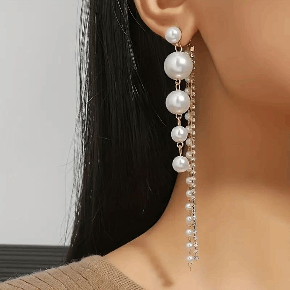 Pearl Diamond Tassel Dangle Earrings